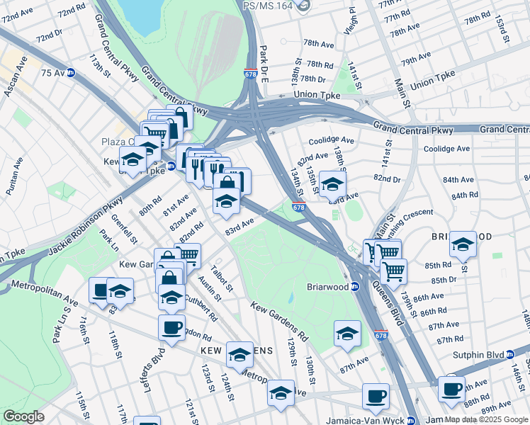 map of restaurants, bars, coffee shops, grocery stores, and more near 124-36 Queens Boulevard in Queens
