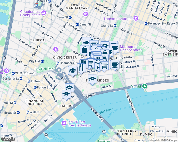 map of restaurants, bars, coffee shops, grocery stores, and more near 46 Madison Street in New York