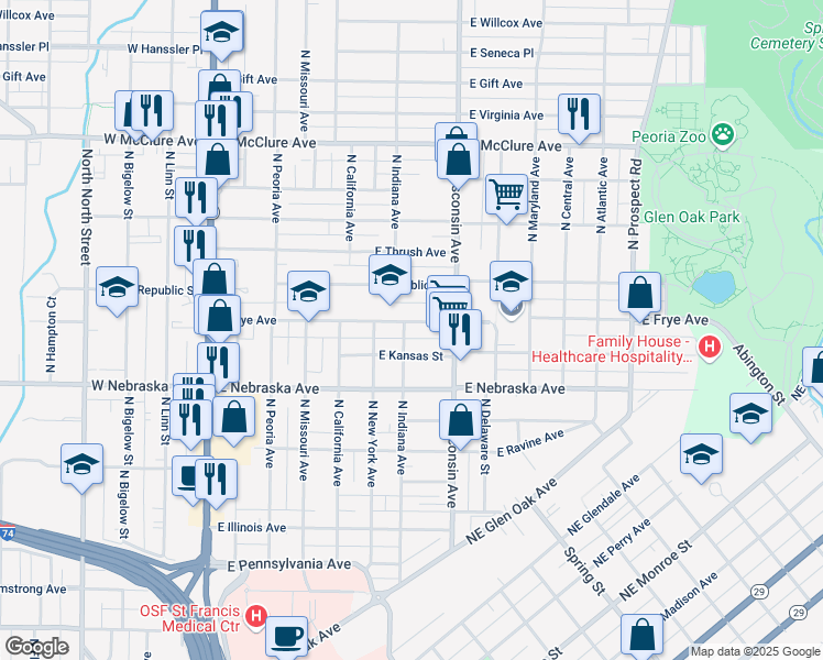 map of restaurants, bars, coffee shops, grocery stores, and more near 703 East Kansas Street in Peoria