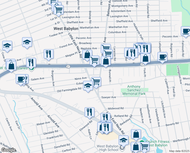 map of restaurants, bars, coffee shops, grocery stores, and more near 2 Roland Road in West Babylon