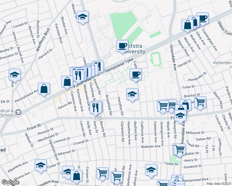map of restaurants, bars, coffee shops, grocery stores, and more near 81 Butler Place in Hempstead