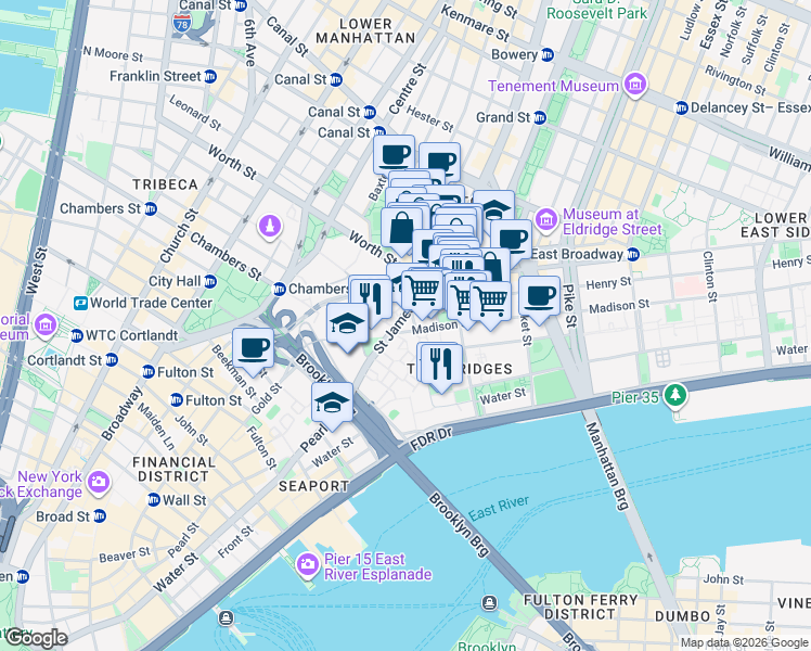 map of restaurants, bars, coffee shops, grocery stores, and more near 25 Saint James Place in New York