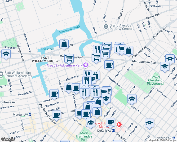 map of restaurants, bars, coffee shops, grocery stores, and more near 154 Scott Avenue in Brooklyn