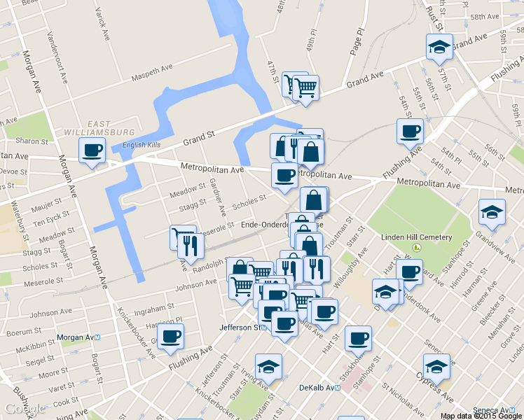 map of restaurants, bars, coffee shops, grocery stores, and more near 154 Scott Avenue in Brooklyn