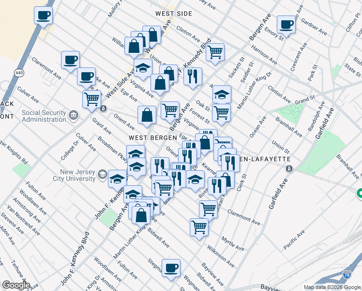 map of restaurants, bars, coffee shops, grocery stores, and more near 104 Orient Avenue in Jersey City