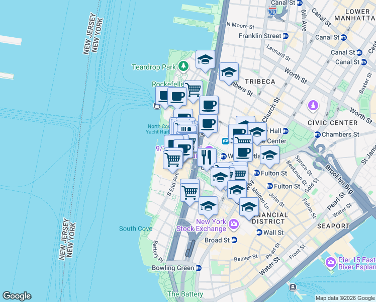 map of restaurants, bars, coffee shops, grocery stores, and more near 225 Liberty Street in New York