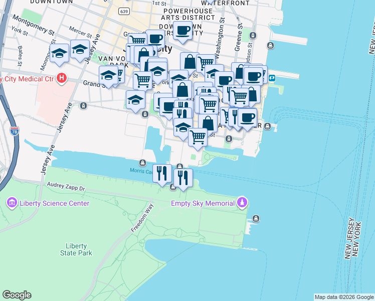 map of restaurants, bars, coffee shops, grocery stores, and more near 150 Warren Street in Jersey City