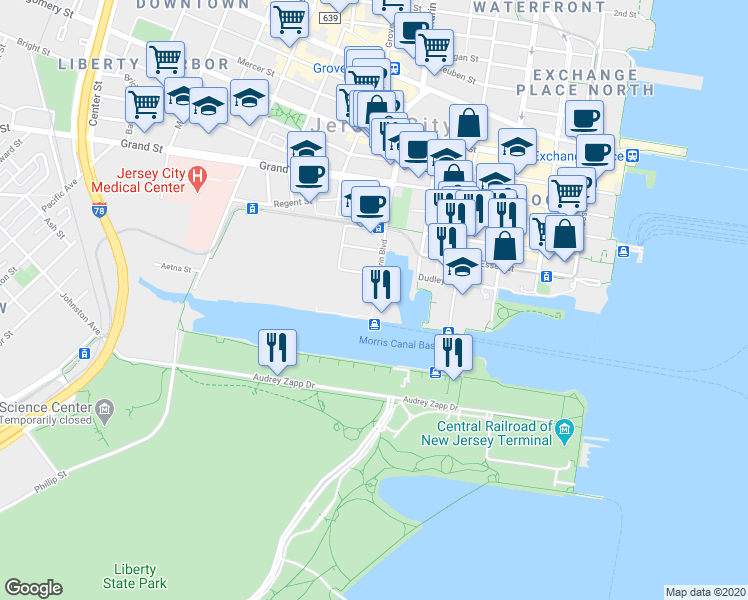map of restaurants, bars, coffee shops, grocery stores, and more near 22 Luis Munoz Marin Boulevard in Jersey City