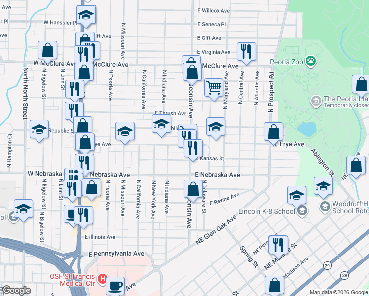 map of restaurants, bars, coffee shops, grocery stores, and more near 728 East Frye Avenue in Peoria