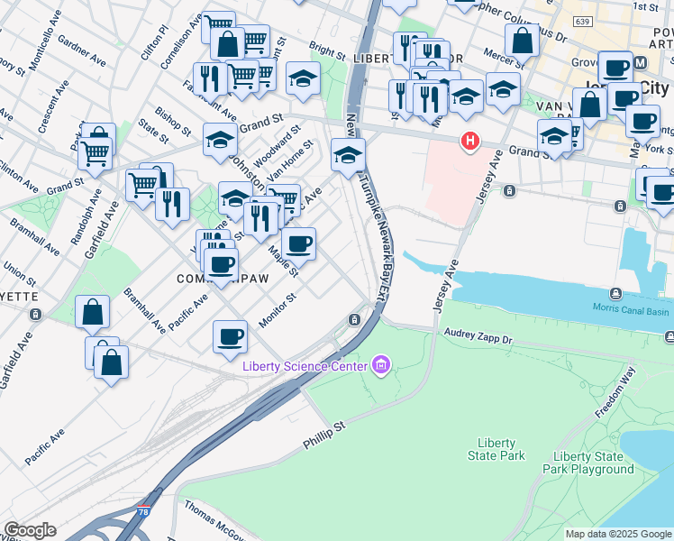 map of restaurants, bars, coffee shops, grocery stores, and more near 295 Johnston Avenue in Jersey City