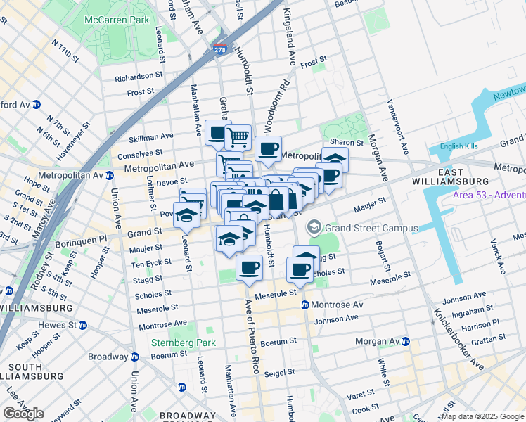 map of restaurants, bars, coffee shops, grocery stores, and more near 770 Grand Street in Brooklyn