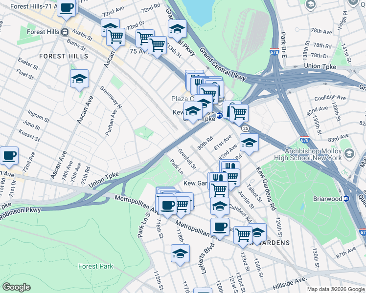 map of restaurants, bars, coffee shops, grocery stores, and more near 80-32 Grenfell Street in Queens