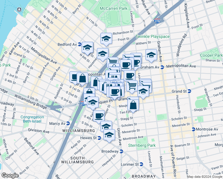 map of restaurants, bars, coffee shops, grocery stores, and more near 184 Hope Street in Brooklyn