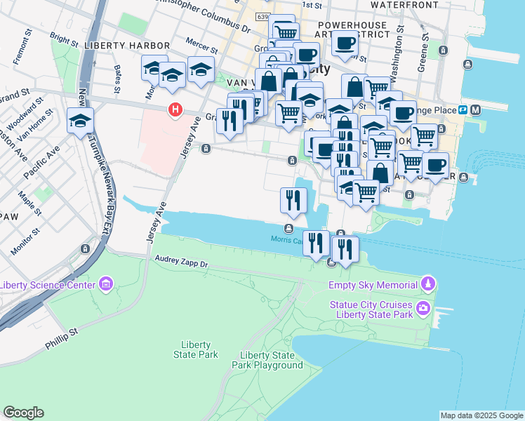 map of restaurants, bars, coffee shops, grocery stores, and more near 11 Luis Munoz Marin Boulevard in Jersey City