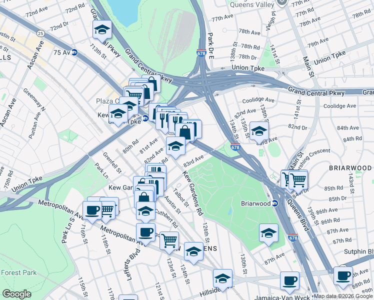 map of restaurants, bars, coffee shops, grocery stores, and more near 123-40 83rd Avenue in Queens