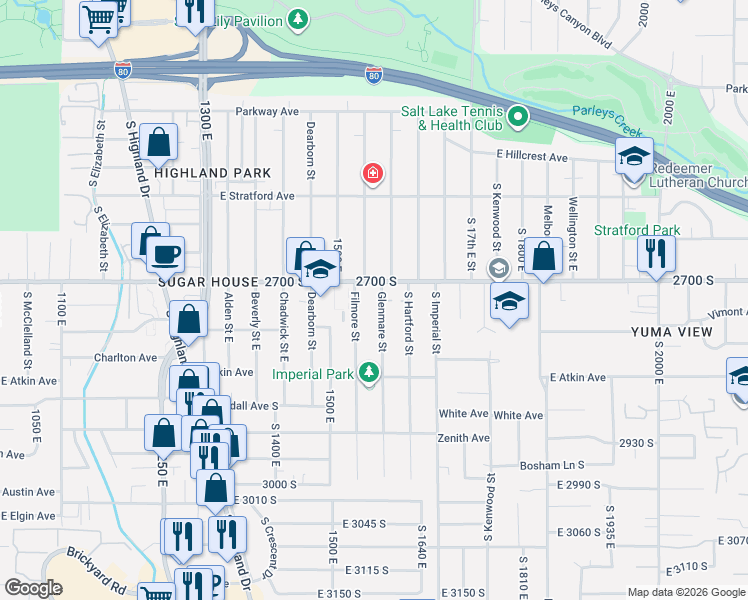 map of restaurants, bars, coffee shops, grocery stores, and more near 2752 Glenmare Street in Salt Lake City