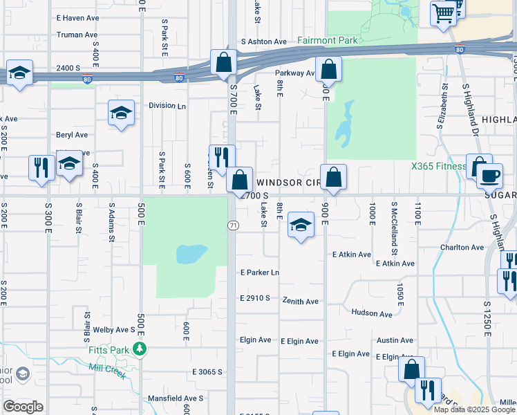 map of restaurants, bars, coffee shops, grocery stores, and more near 2725 South 700 East in Millcreek