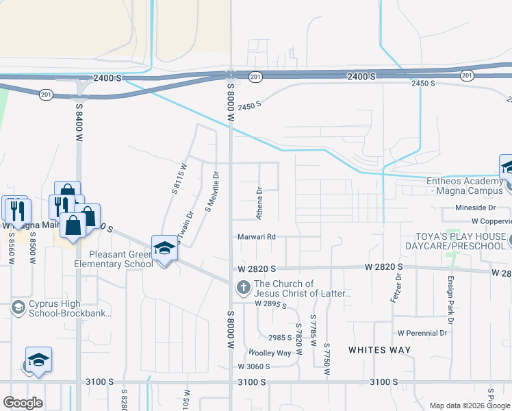 map of restaurants, bars, coffee shops, grocery stores, and more near 2677 Athena Drive in Magna