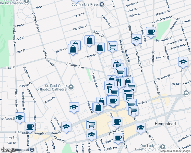 map of restaurants, bars, coffee shops, grocery stores, and more near 107 Terrace Avenue in Hempstead