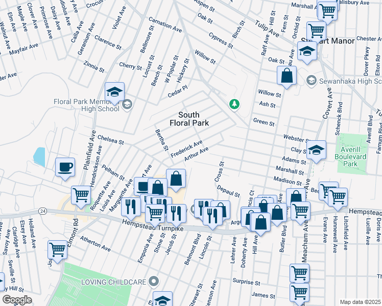 map of restaurants, bars, coffee shops, grocery stores, and more near 1611 Madison Street in Elmont