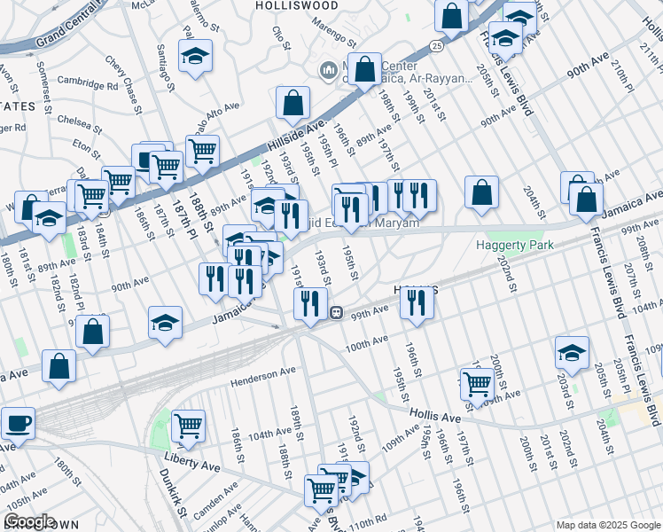 map of restaurants, bars, coffee shops, grocery stores, and more near 91-52 193rd Street in Queens