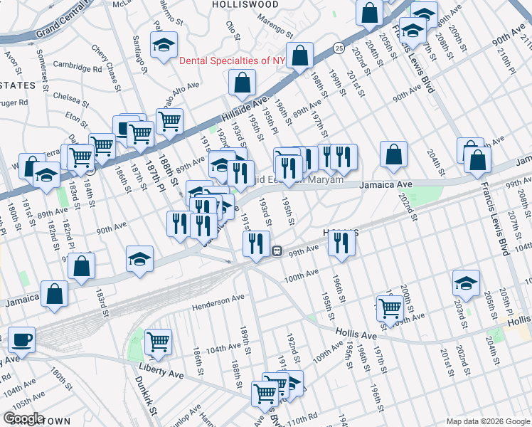 map of restaurants, bars, coffee shops, grocery stores, and more near 91-52 193rd Street in Queens