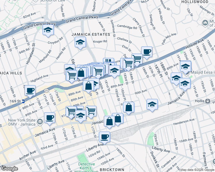 map of restaurants, bars, coffee shops, grocery stores, and more near 88-52 180th Street in Queens