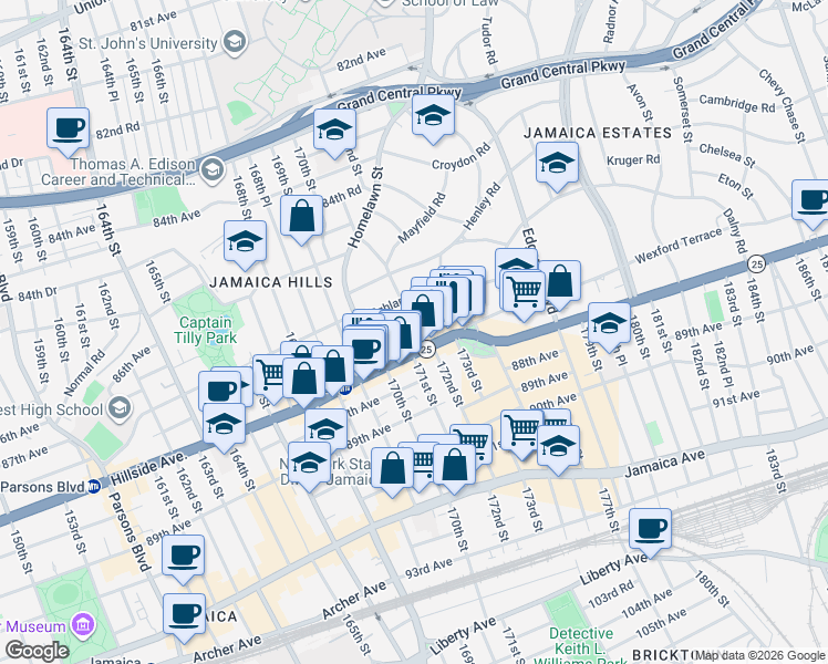 map of restaurants, bars, coffee shops, grocery stores, and more near 170-25 Hillside Avenue in Queens
