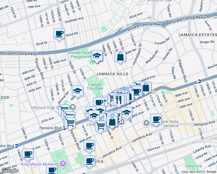 map of restaurants, bars, coffee shops, grocery stores, and more near 166-05 Highland Avenue in Queens