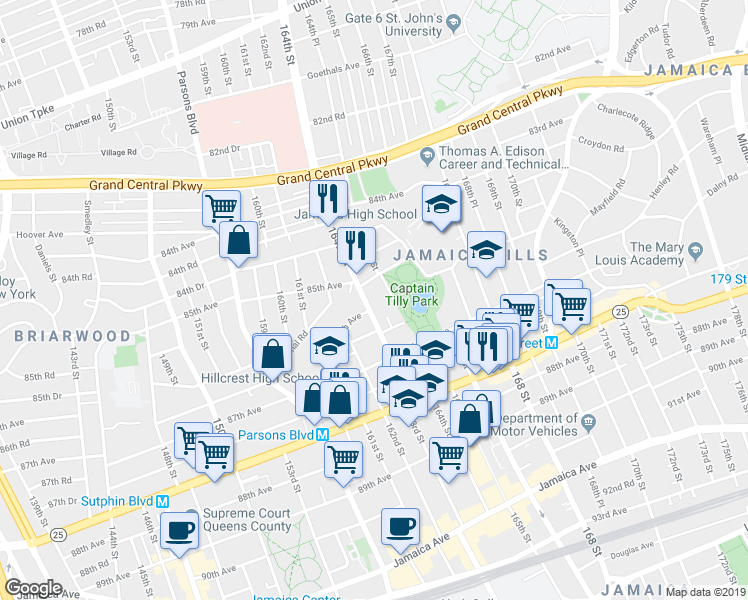 map of restaurants, bars, coffee shops, grocery stores, and more near 164-15 86th Road in Queens