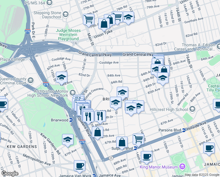 map of restaurants, bars, coffee shops, grocery stores, and more near 140-97 Burden Crescent in Queens
