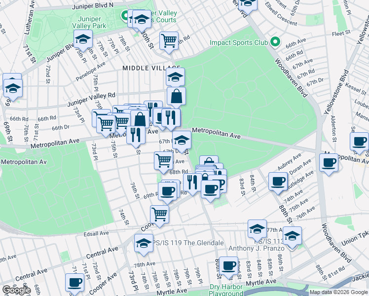 map of restaurants, bars, coffee shops, grocery stores, and more near 79-35 68th Avenue in Queens