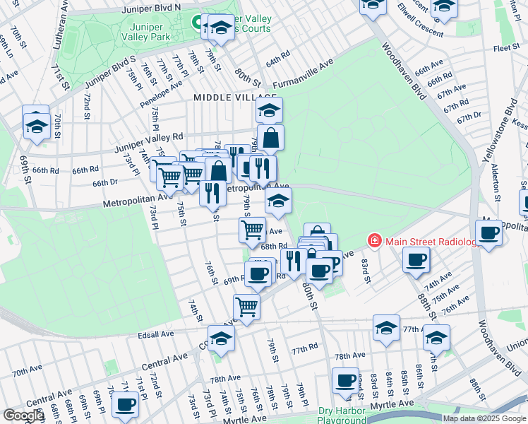 map of restaurants, bars, coffee shops, grocery stores, and more near 79-35 68th Avenue in Queens