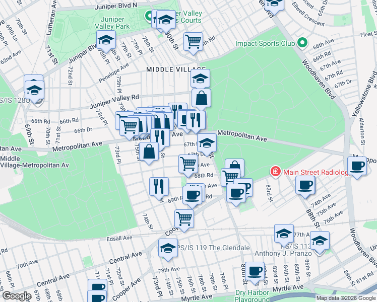 map of restaurants, bars, coffee shops, grocery stores, and more near 67-56 79th Street in Queens