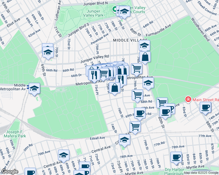 map of restaurants, bars, coffee shops, grocery stores, and more near 73-21 67th Drive in Queens