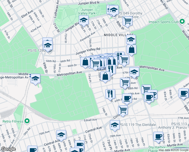 map of restaurants, bars, coffee shops, grocery stores, and more near 73-21 67th Drive in Queens