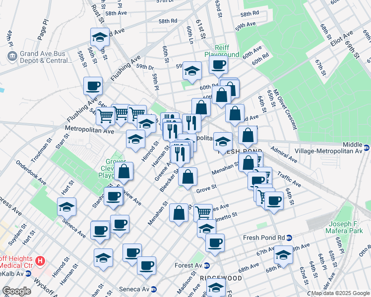 map of restaurants, bars, coffee shops, grocery stores, and more near 62-71 Forest Avenue in Queens