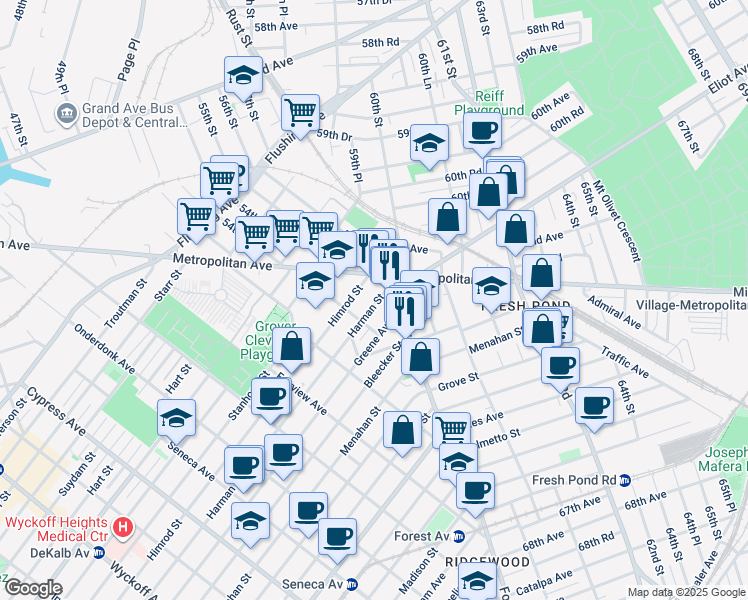 map of restaurants, bars, coffee shops, grocery stores, and more near 22-11 Greene Avenue in Queens