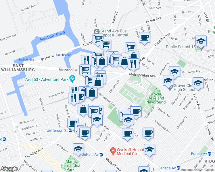 map of restaurants, bars, coffee shops, grocery stores, and more near 22 Charlotte Street in Queens