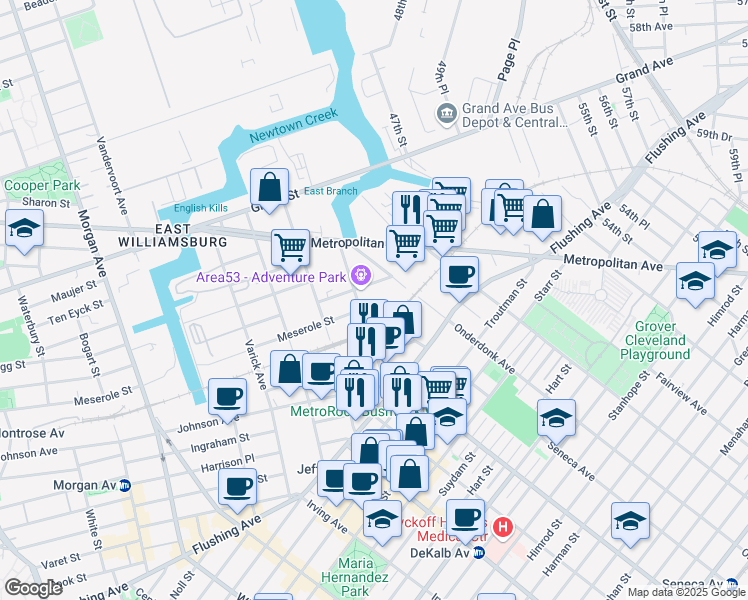 map of restaurants, bars, coffee shops, grocery stores, and more near 114 Scott Avenue in Brooklyn