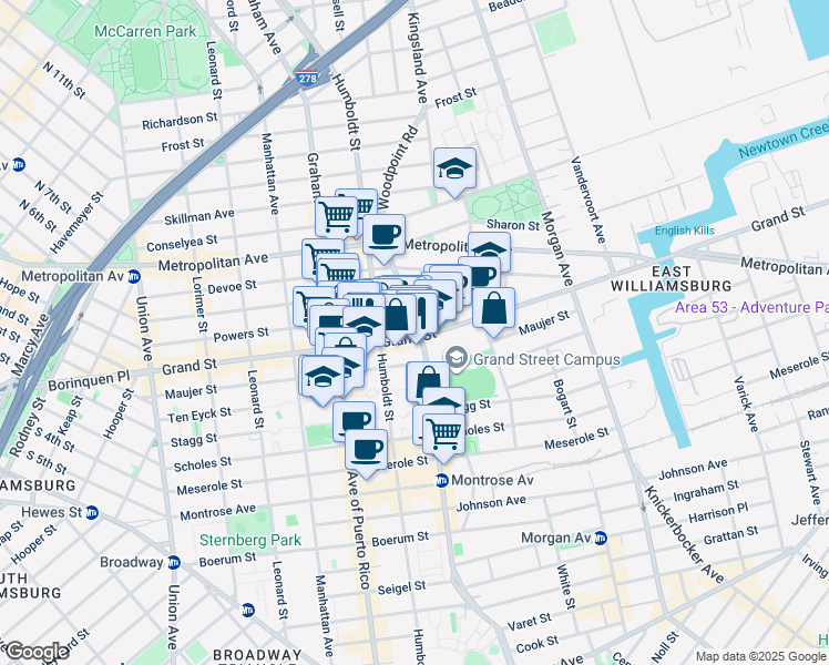 map of restaurants, bars, coffee shops, grocery stores, and more near 800 Grand Street in Brooklyn