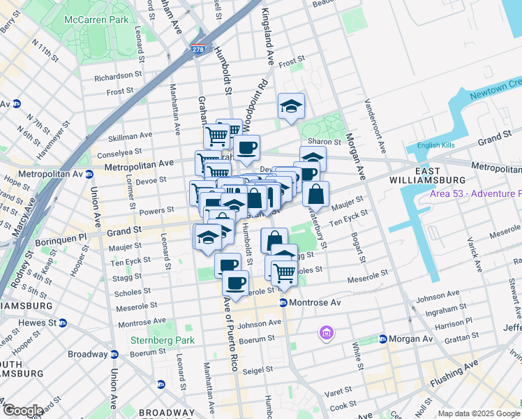 map of restaurants, bars, coffee shops, grocery stores, and more near 800 Grand Street in Brooklyn