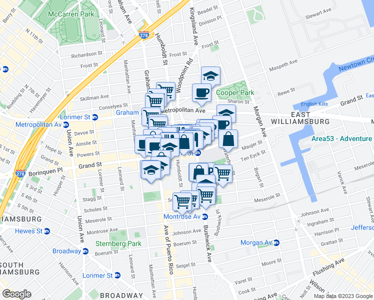 map of restaurants, bars, coffee shops, grocery stores, and more near 800 Grand Street in Brooklyn