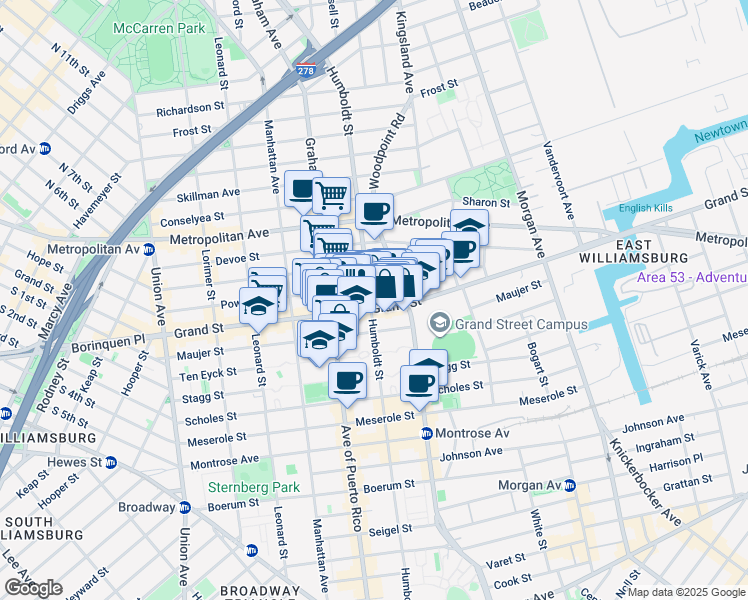 map of restaurants, bars, coffee shops, grocery stores, and more near 770 Grand Street in Brooklyn