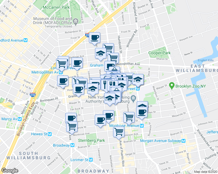 map of restaurants, bars, coffee shops, grocery stores, and more near 702 Grand Street in Brooklyn