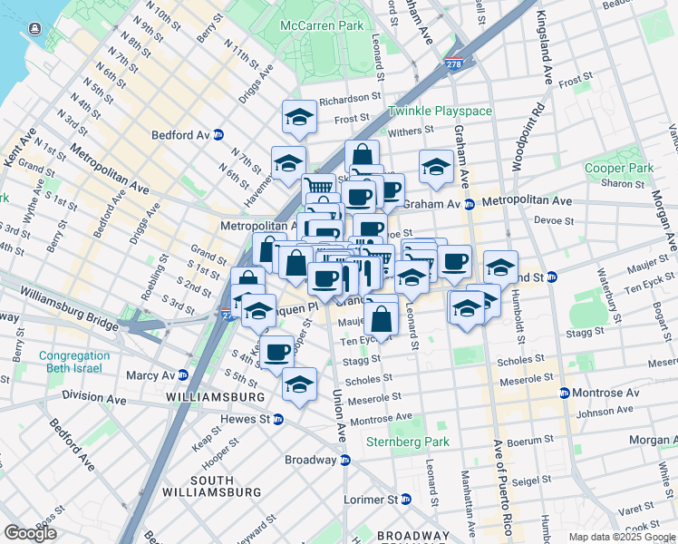 map of restaurants, bars, coffee shops, grocery stores, and more near 30 Powers Street in Brooklyn