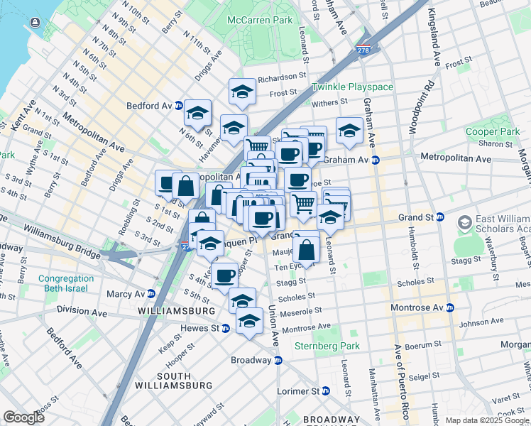 map of restaurants, bars, coffee shops, grocery stores, and more near 184 Hope Street in Brooklyn