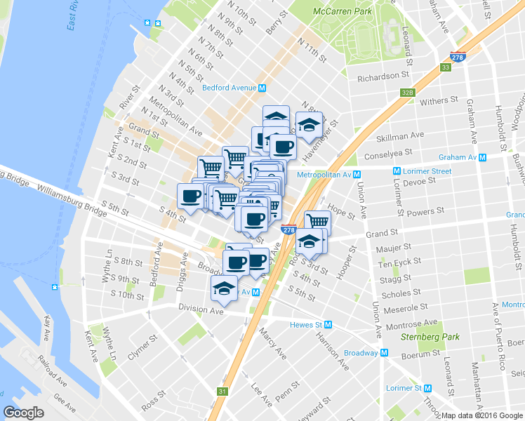 map of restaurants, bars, coffee shops, grocery stores, and more near 153 Havemeyer Street in Brooklyn