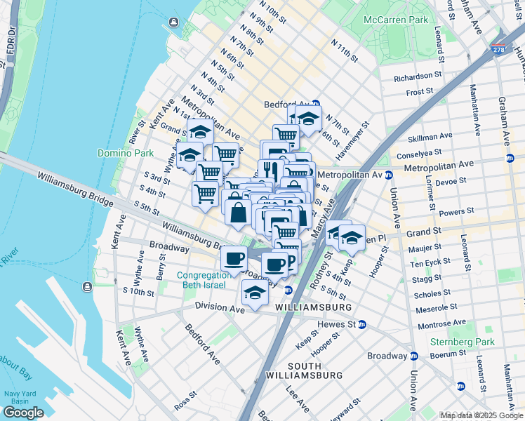 map of restaurants, bars, coffee shops, grocery stores, and more near 209 South 3rd Street in Brooklyn
