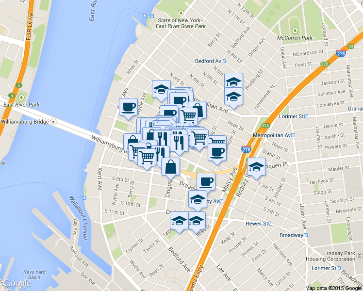 map of restaurants, bars, coffee shops, grocery stores, and more near 152 South 4th Street in Brooklyn